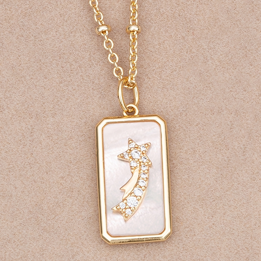 Champagne Gold Necklace, Mother Of Pearl, Rectangle Pendant with shooting star